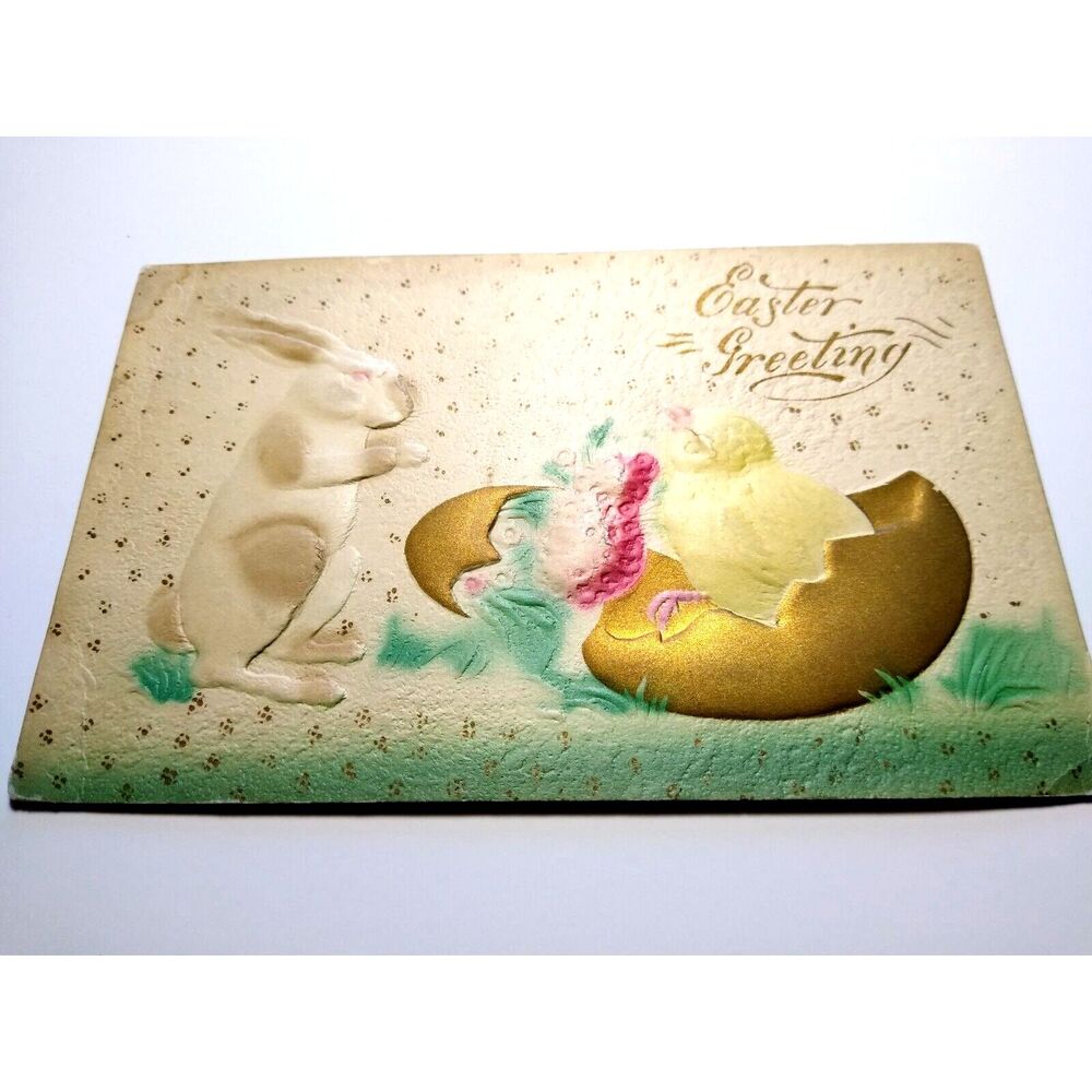 Easter Postcard Thick 3D Raised Image White Rabbit Baby Chick Airbrushed Vintage - Picture 2 of 3